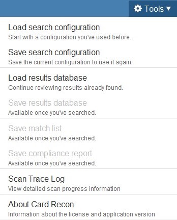 Expand "Tools" menu to import and save scan options like "Load search configuration", "Save search configuration" and more.