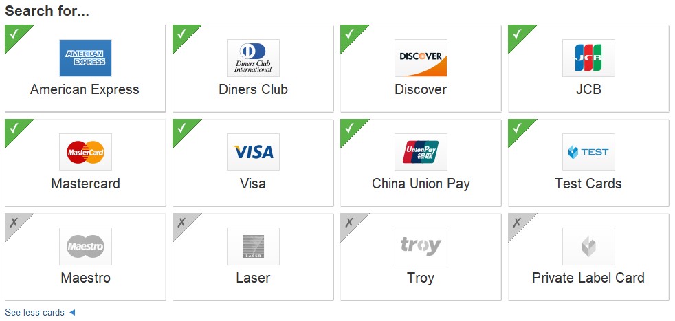 Card Recon dashboard displaying different card types such as American Express, Mastercard, Visa and etc.