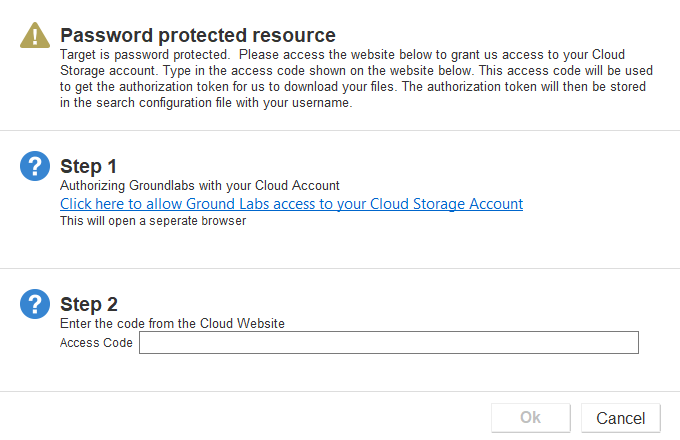 Bring up the "Password protected resource" dialog box and follow step 1 and 2 to enter access code to add a OneDrive Target.