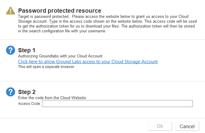 Bring up the "Password protected resource" dialog box and follow step 1 and 2 to enter access code to add a Dropbox Target.