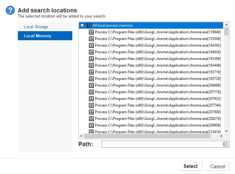 Manage processes to scan from the "Local Memory" tab in the "Add search locations" dialog box.