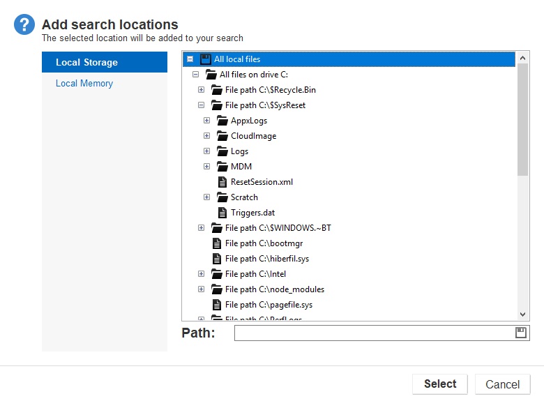 Manage locations to scan from the "Local Storage" tab in the "Add search locations" dialog box. 