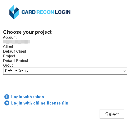 Choose your project and click select in the Card Recon login window.