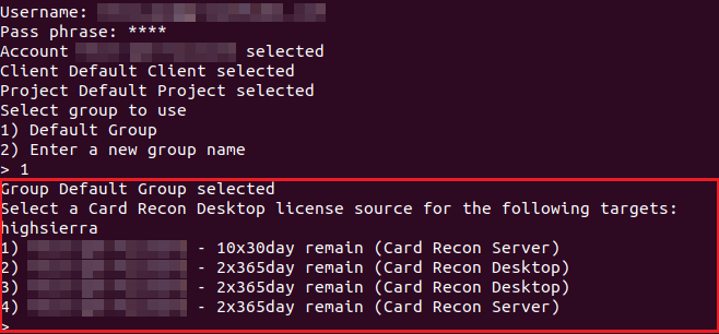Card Recon CLI displaying the list of available licenses when attempting to scan a Target without an assigned license.