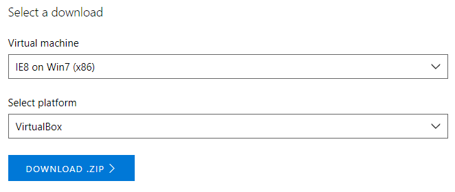 Click on "Download.zip" to download a specific operating system and platform for the Windows virtual machine.