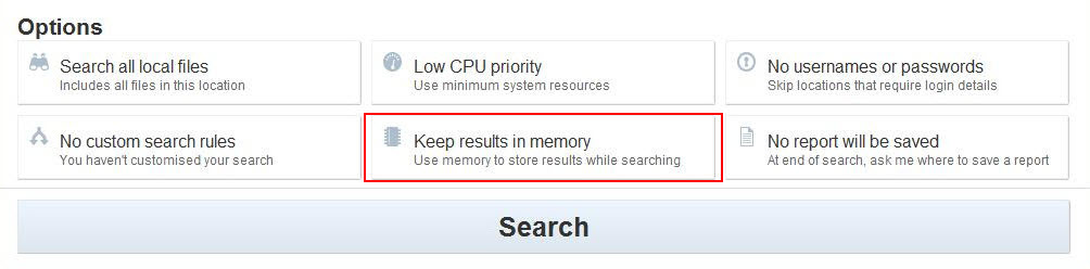 Click "Keep results in memory" to set up how results database are stored and handled in Data Recon.