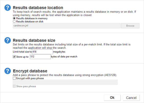 Bring up the dialog box to configure the results database location, size and encryption.