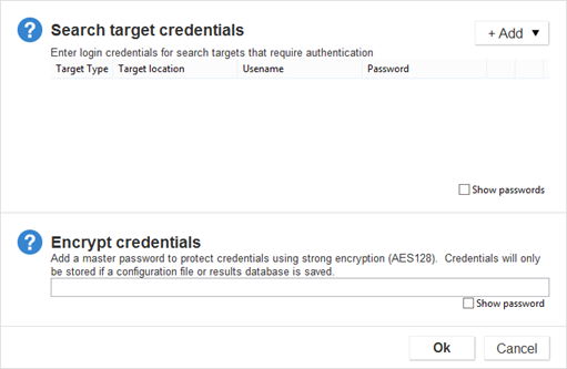 Add a master password to encrypt credentials stored in the saved configuration file.