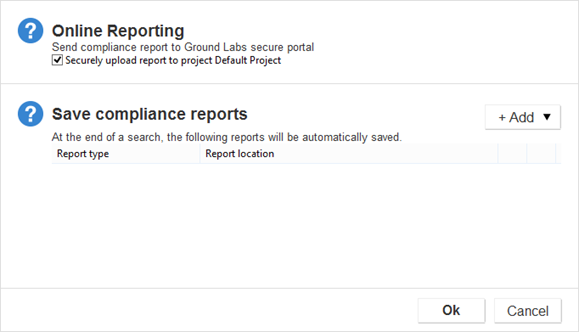 Bring up the dialog box to configure online reporting and report location for compliance reports.
