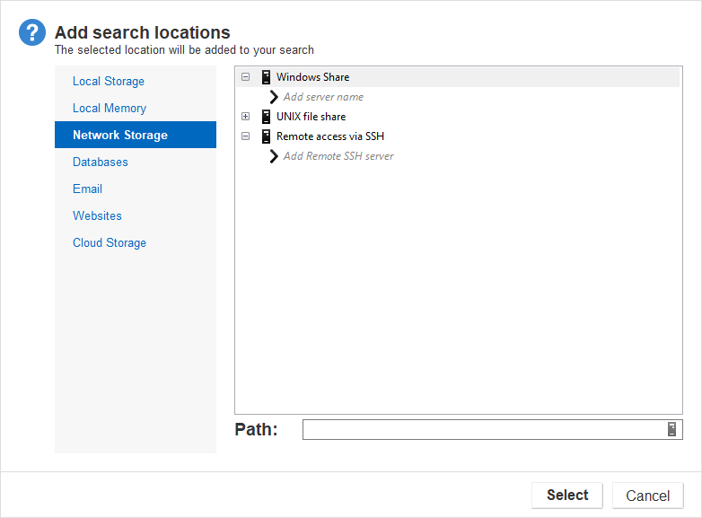 Manage remote file servers and devices to scan by selecting "Network Storage" tab in the "Add search locations" dialog box.