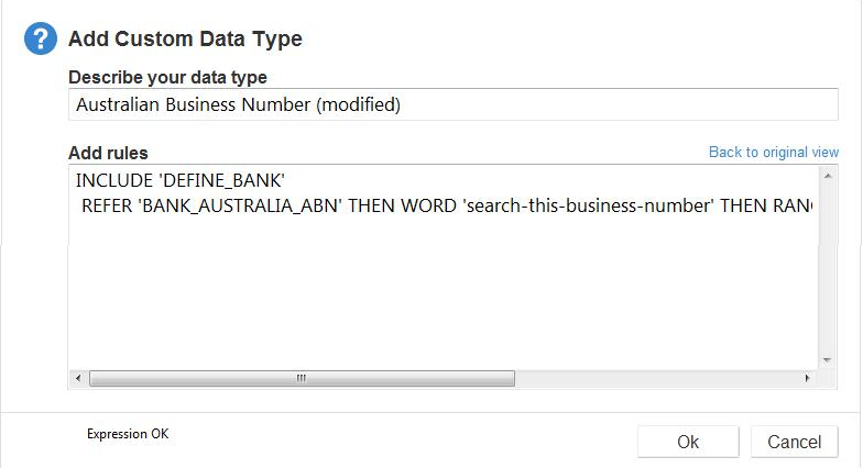Example of expression for custom data type, "Australian Business Number (modified)" in "Add Custom Data Type" dialog box.