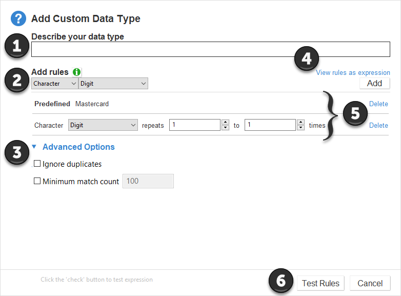 Build a custom data type category by describing the data type and adding rules in "Add Custom Data Type" dialog box.