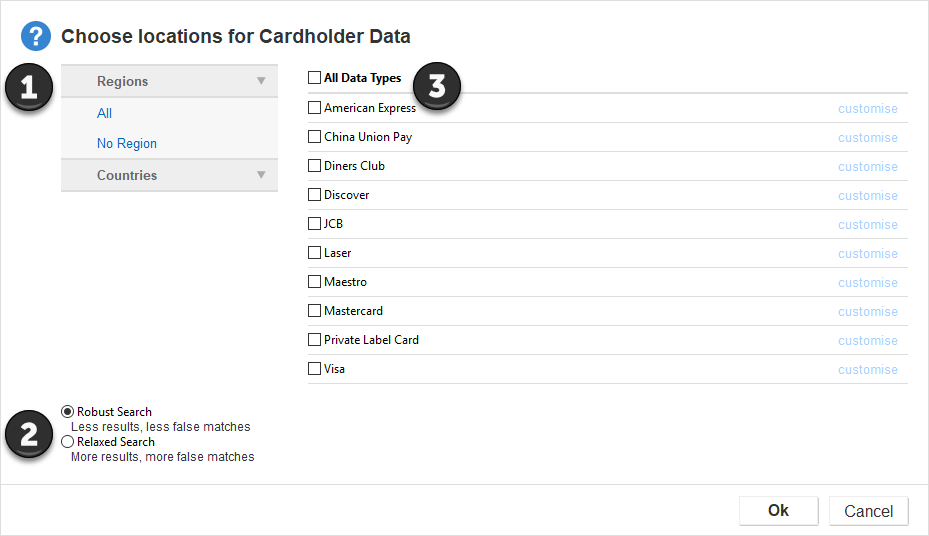 "Choose locations for Cardholder Data" dialog box to set the match pattern options.