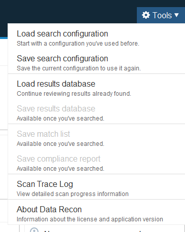 Expand "Tools" menu to import and save scan options like "Load search configuration", "Save search configuration" and more.