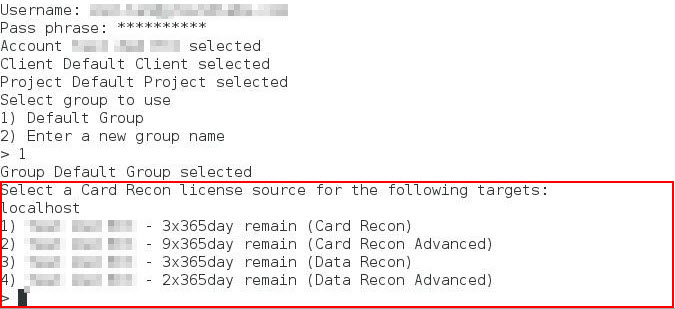 Data Recon CLI displaying the list of available licenses when attempting to scan a Target without an assigned license.
