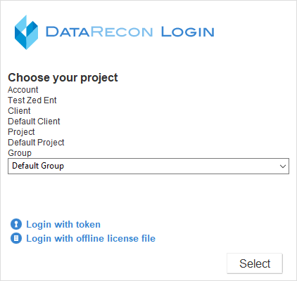Choose your project and click "Select" in the Data Recon login window.