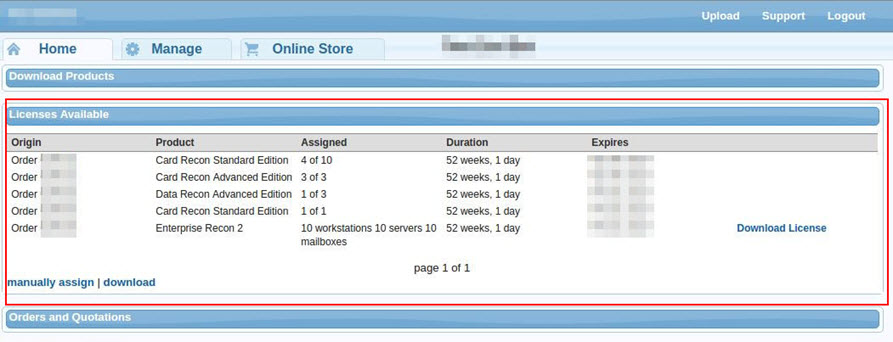 Summary of the licenses for associated account displayed under "Licenses Available" in the Ground Labs Services Portal.