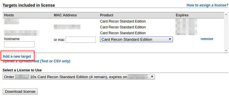 Click "Add a new target" to manually assign a license to a new Target.