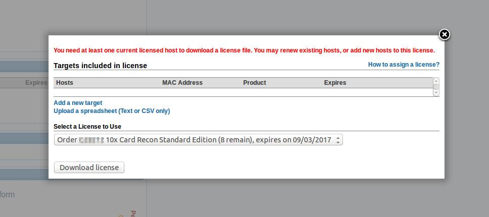 Download licenses from "Targets included in license" dialog box for Data Recon offline authentication.