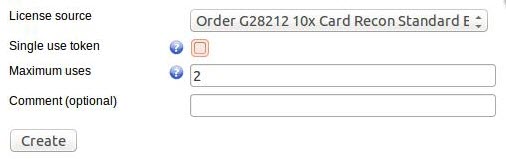 "Add new scan token" dialog box with the license source listed as "Order G28212" and the maximum uses set as "2".