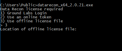 Enter the path to the license file in the Data Recon CLI prompt to login with an offline license file.