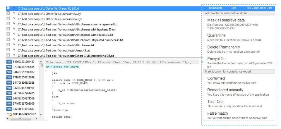 Select a match location and remediate by acting directly on the location or marking it for compliance report purposes.