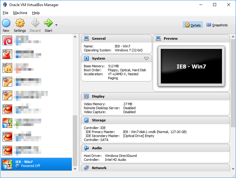Detailed information of "IE8 - Win7" virtual machine displayed in the Oracle VM VirtualBox Manager.