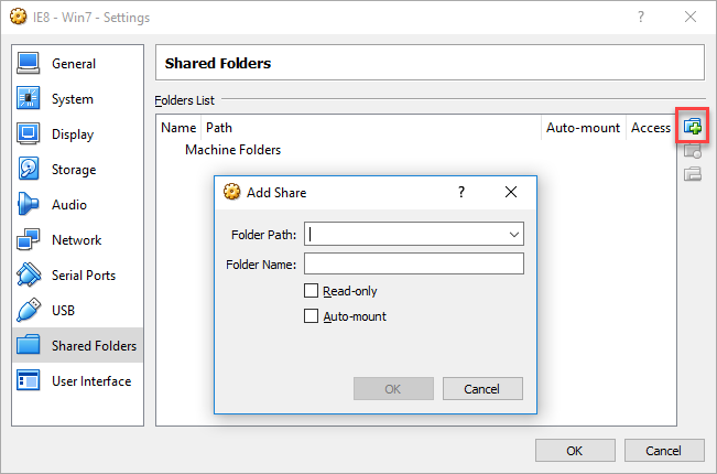 Input "Folder Path" and "Folder Name" in "Add Share" dialog box to manage shared folders in Oracle VM VirtualBox Manager.