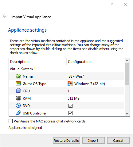 Example of "Import Virtual Appliance" dialog box for virtual system "IE8 - Win7" with Windows 7 32-bit operating system.