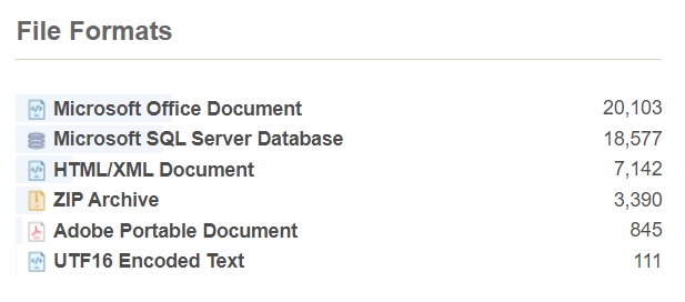 Enterprise Recon Dashboard Match section File Formats widget.