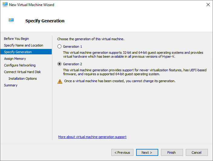 Select Generation 2 for the Enterprise Recon Virtual Machine in Hyper-V Manager.