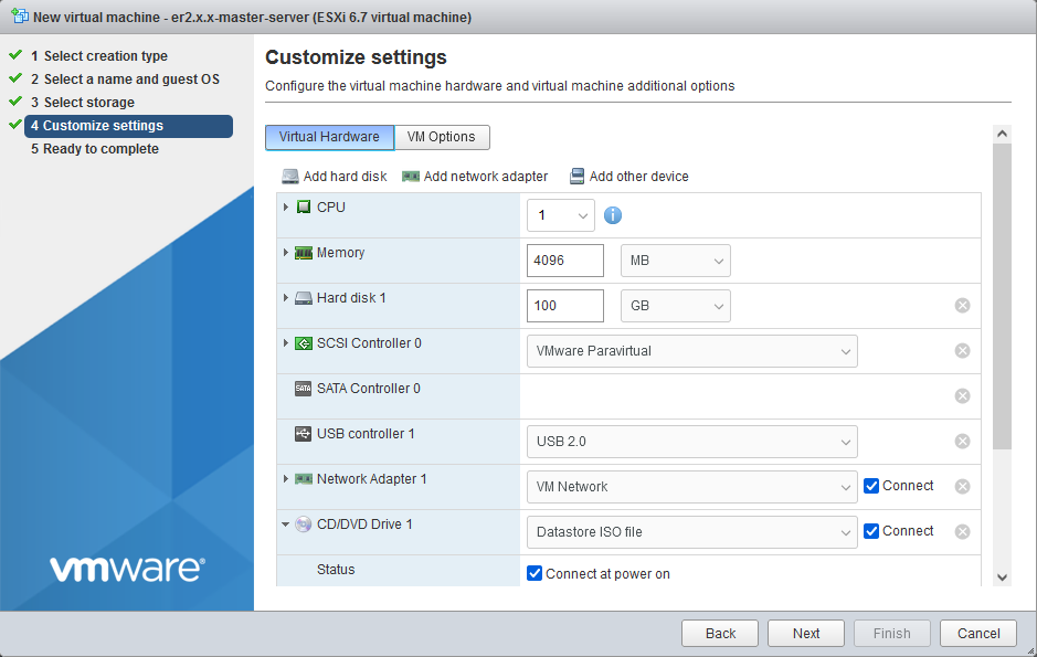Configure settings for VMware VM.
