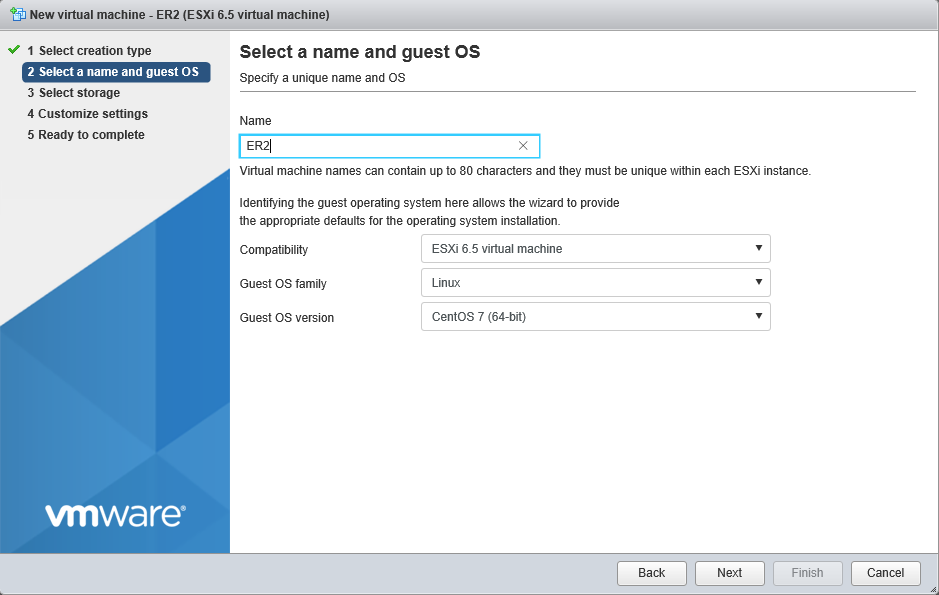 Configure the name, compatibility, Guest OS and version of the virtual machine in the "Select a name and guest OS" page.