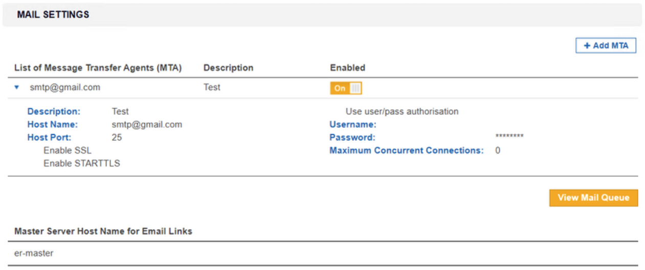 Mail Settings page displaying the list of Message Transfer Agent (MTA), with the "smpt.gmail.com" MTA enabled.