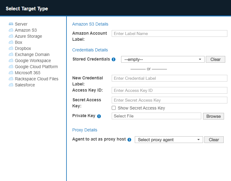 Example of Amazon S3 dialog box with the Amazon Account Label set to "UserA_Amazon_Account" and credential details filled.