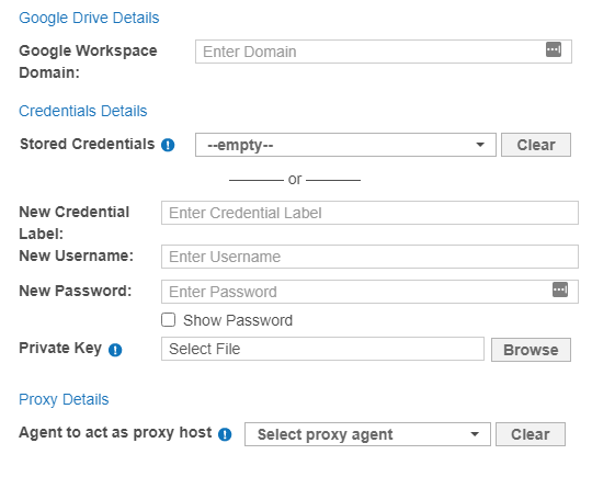 Dialog box to configure the path, credentials and proxy agent for a G Suite Target.
