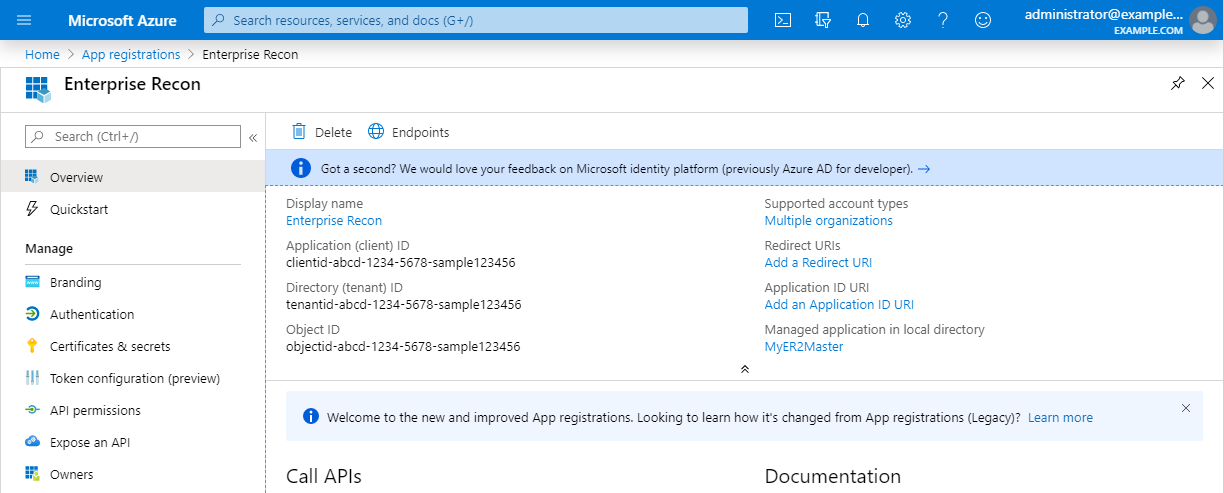 Enterprise Recon app Overview in the Microsoft Azure app registration portal.