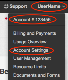 Expand dropdown box from Username and access Account Settings in the Rackspace Cloud Control Panel.