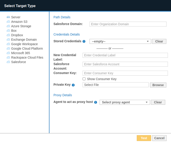 Dialog box to configure the path, credentials and proxy agent for a Salesforce Target.