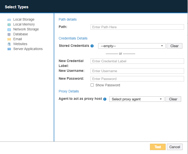 Dialog box to configure the path, credentials and proxy agent for a Confluence On-Premises Target