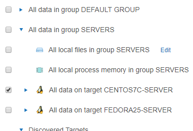 List of Targets in Select Locations page with "All data on target CENTOS7C-SERVER" selected.