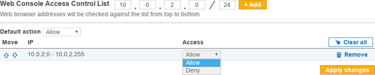 Configure the Access state for a range of IP addresses in the Access Control List page.