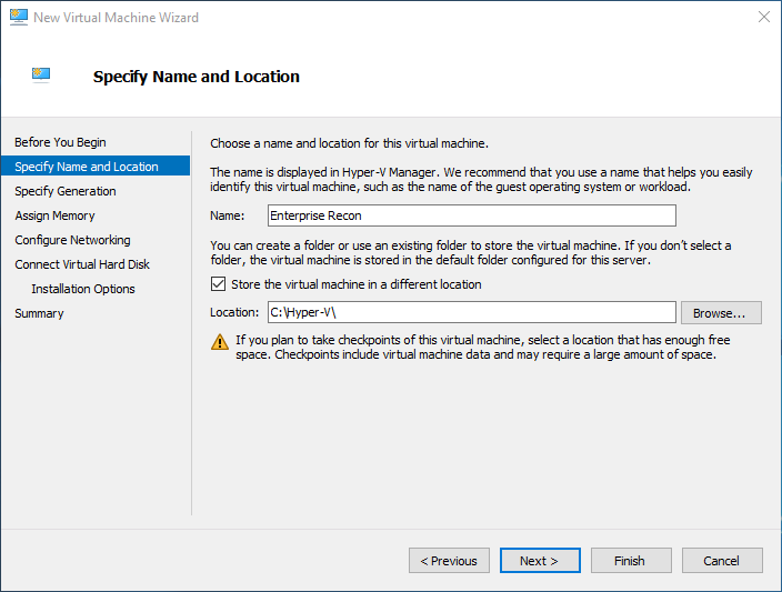 Specify Name and Location page with virtual machine name set to "Enterprise Recon", and Location set to "C:\Hyper-V\".