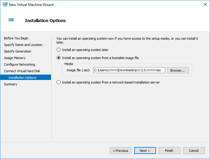 Example of Installation Options page with "Install an operating system from a bootable image file" selected.