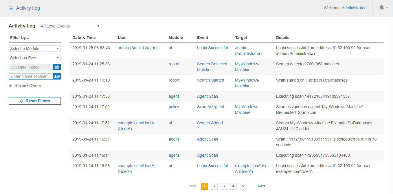 Details of events including date and time, user and module recorded in the Activity Log.