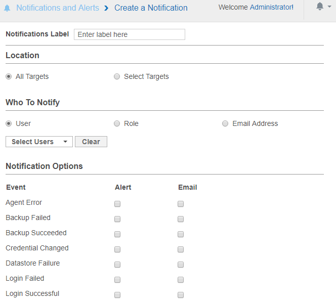 Configure alert and email notifications for specific Targets, users or events in the Create a Notification page.
