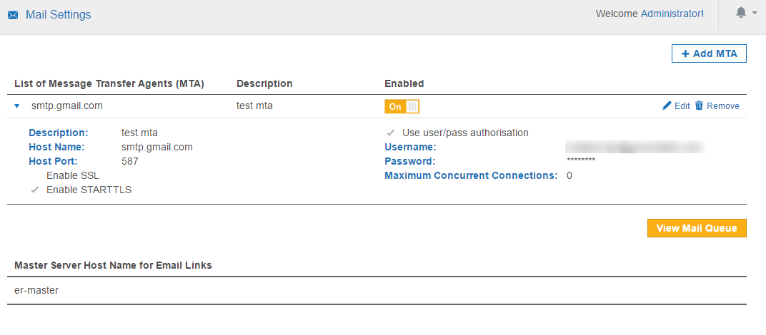 Mail Settings page displaying the list of Message Transfer Agent (MTA), with the "smpt.gmail.com" MTA enabled.