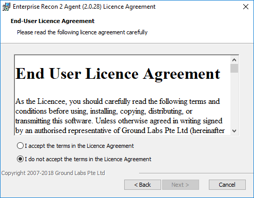 Enterprise Recon 2.0 Node Agent End User License Agreement dialog box.