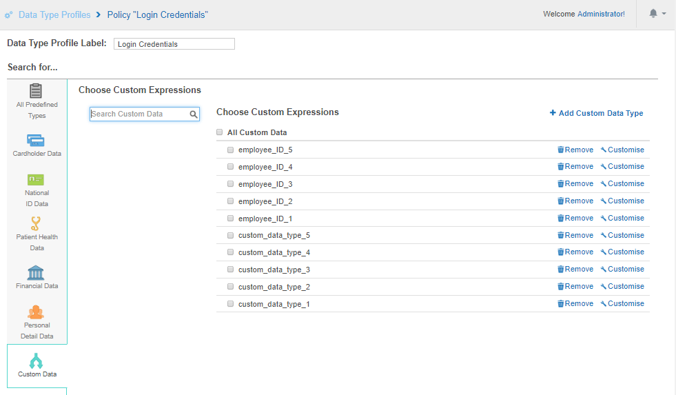 Select custom data types for the Login Credentials data type profile.