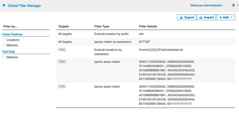 Global Filter Manager page to add, export and import Global Filters.